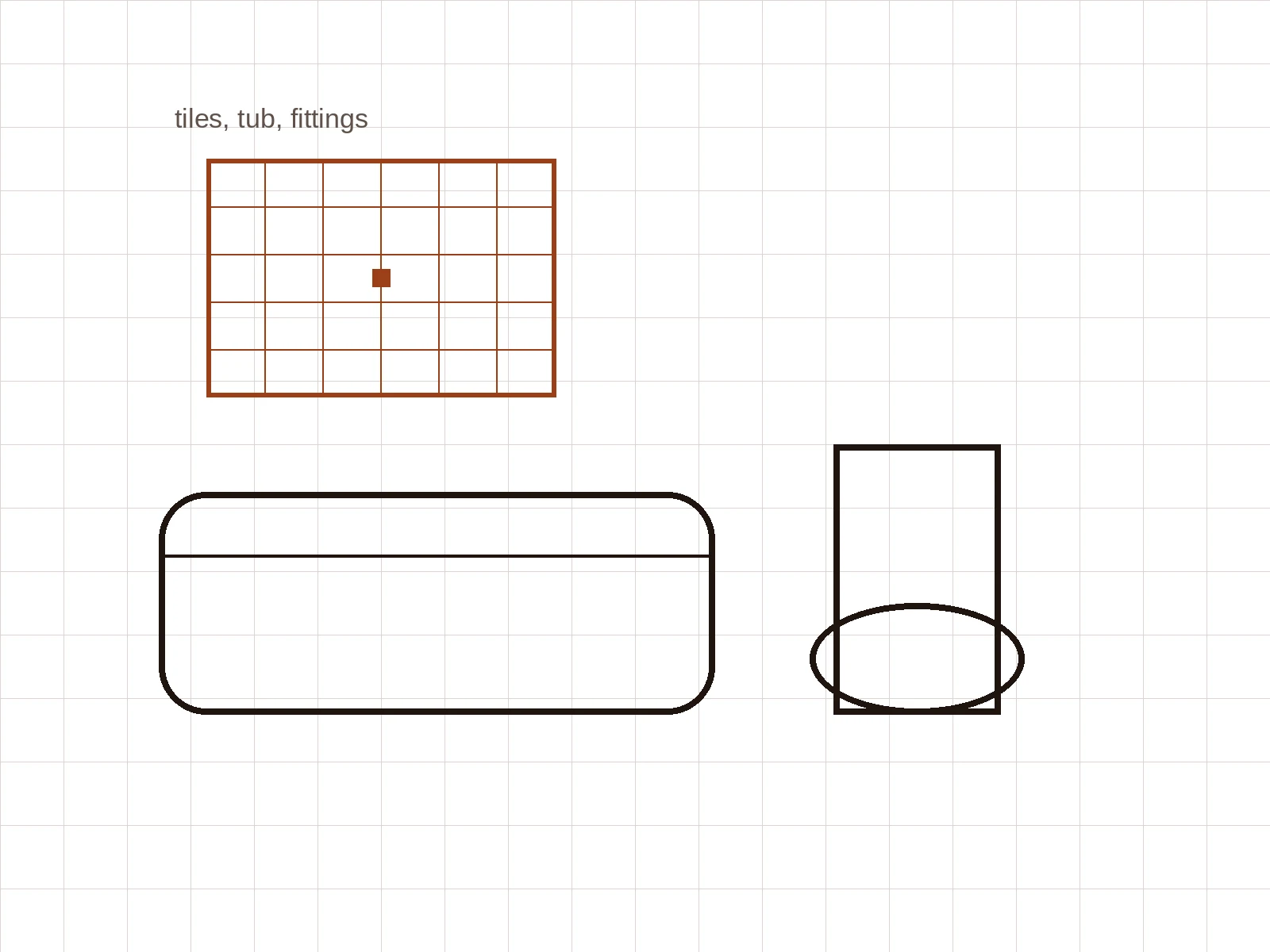 A drawn bathroom: tub, tiles and a toilet