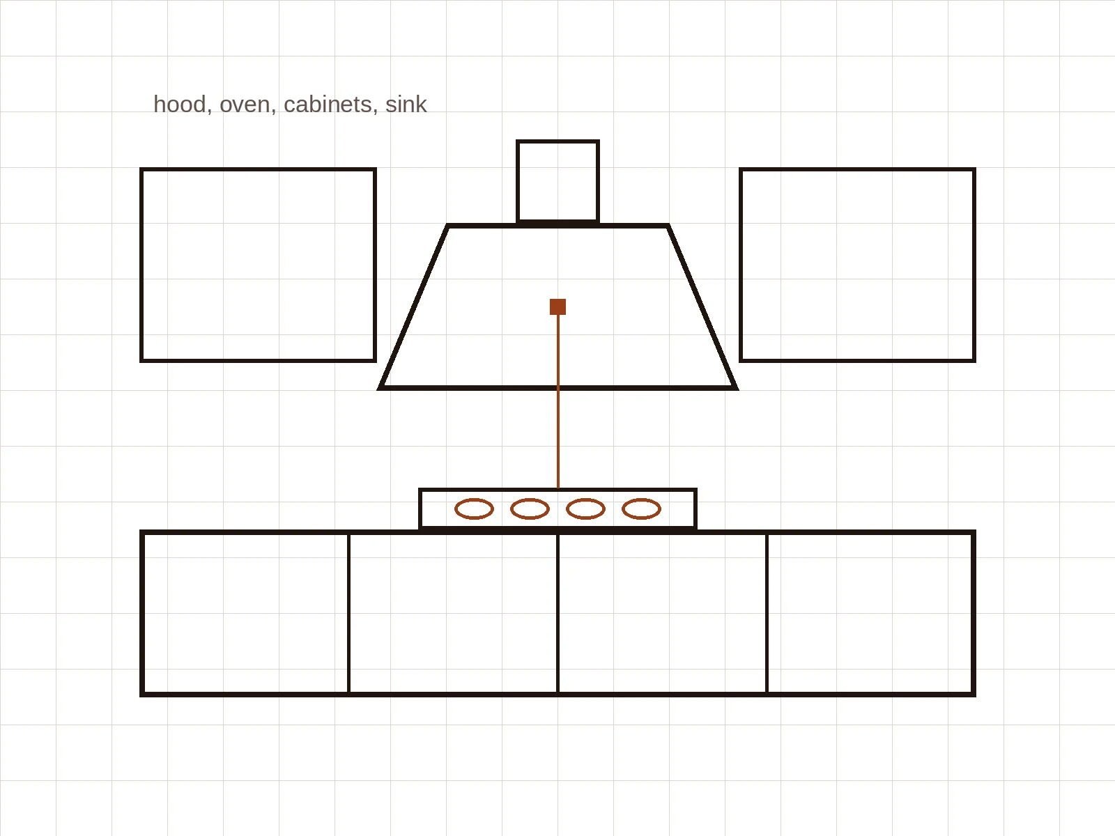 A drawn kitchen: hood, hob and cabinets